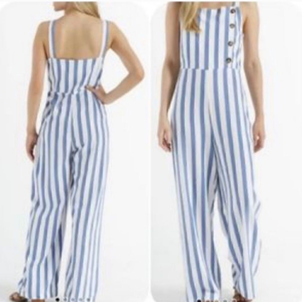 C & C California‎ linen blend jumpsuit, blue & white striped women’s Size Large